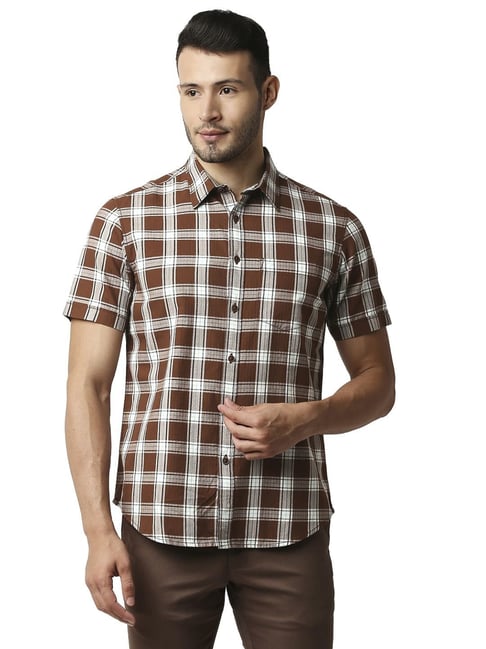 Basics Brown Cotton Slim Fit Checks Shirt