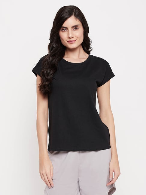 Buy Clovia Black Cotton T-Shirt for Women Online @ Tata CLiQ