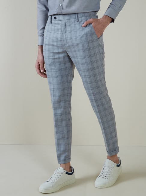 Buy Van Heusen Navy Slim Fit Checks Trousers for Mens Online  Tata CLiQ