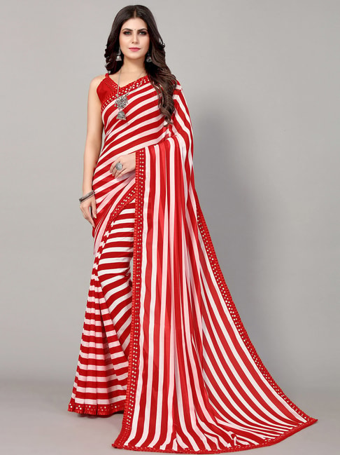 Satrani Red & White Striped Saree With Unstitched Blouse Price in India