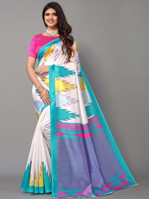 Satrani White Printed Saree With Unstitched Blouse Price in India