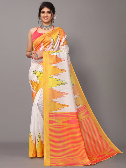Satrani White Printed Saree With Unstitched Blouse Price in India