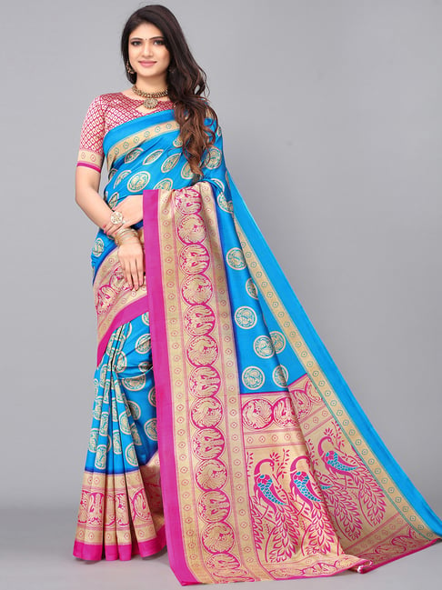 Satrani Blue & Pink Printed Saree With Unstitched Blouse Price in India