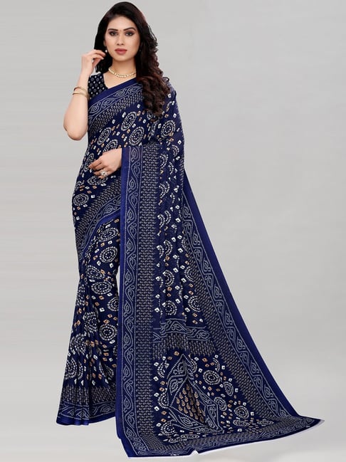 Satrani Navy Printed Saree With Unstitched Blouse Price in India