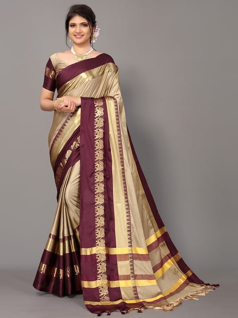 Satrani Beige & Brown Cotton Silk Woven Saree With Unstitched Blouse Price in India