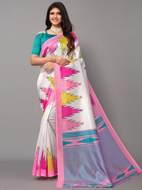 Satrani White Printed Saree With Unstitched Blouse Price in India