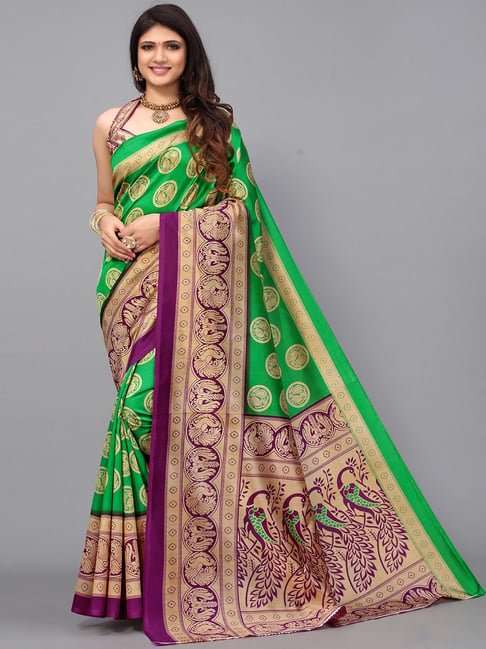 Satrani Green & Purple Printed Saree With Unstitched Blouse Price in India