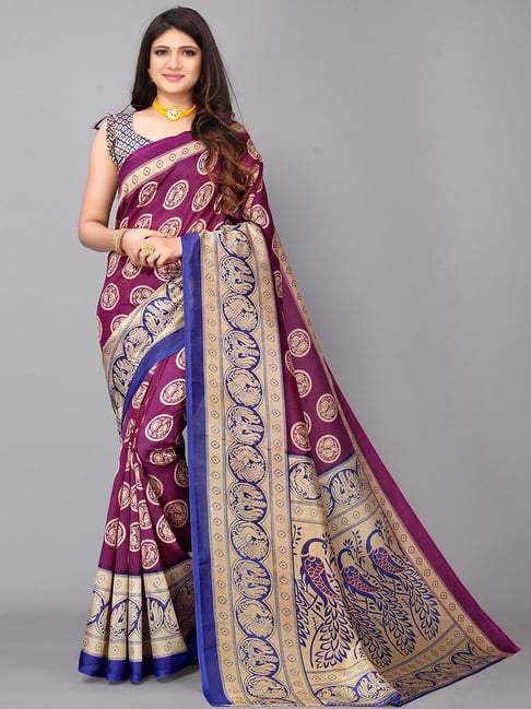 Satrani Purple & Blue Printed Saree With Unstitched Blouse Price in India