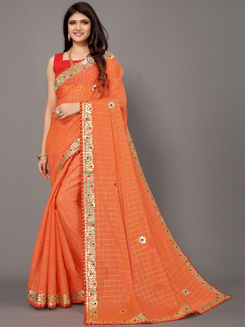 Satrani Orange Embroidered Saree With Unstitched Blouse Price in India