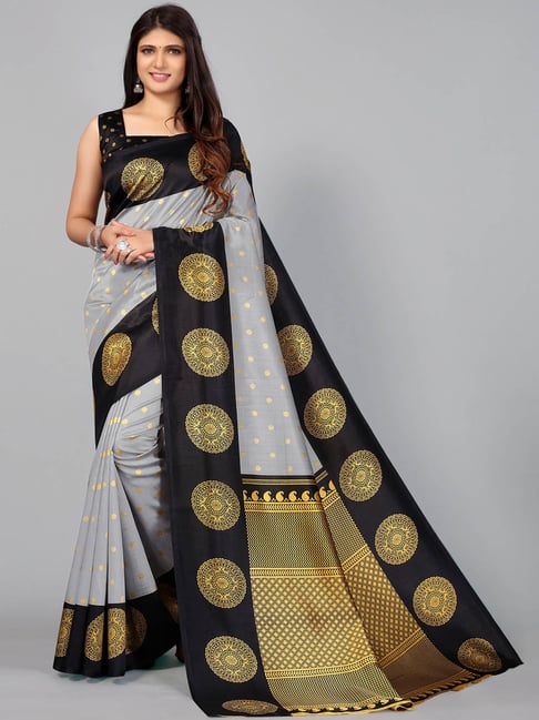 Satrani Grey Printed Saree With Unstitched Blouse Price in India