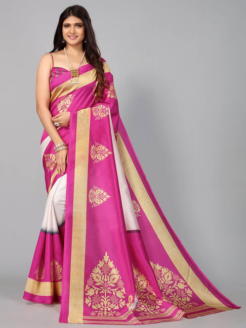 Pink & White Floral Sequinned Poly Georgette Saree– Inddus.in