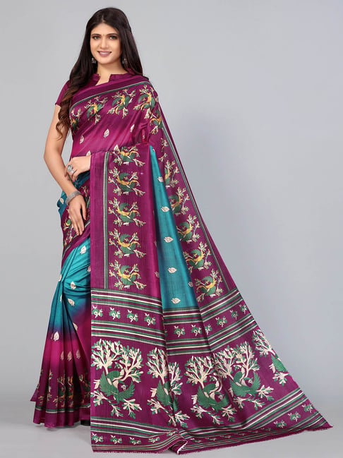 Satrani Blue & Purple Printed Saree With Unstitched Blouse Price in India