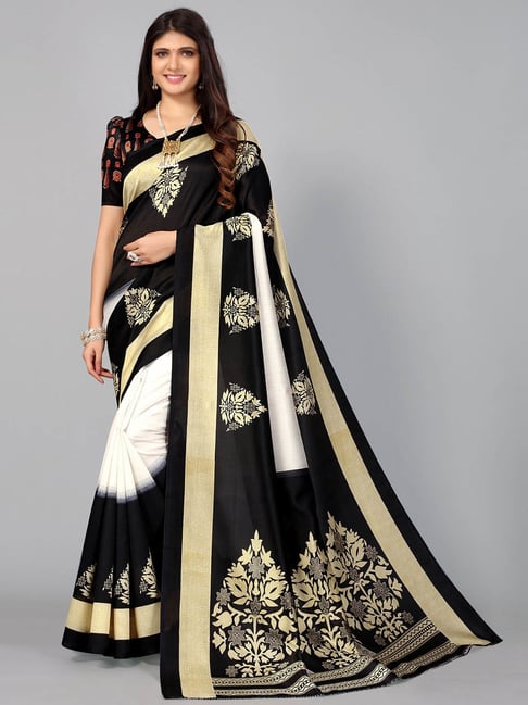 Satrani White & Black Printed Saree With Unstitched Blouse Price in India