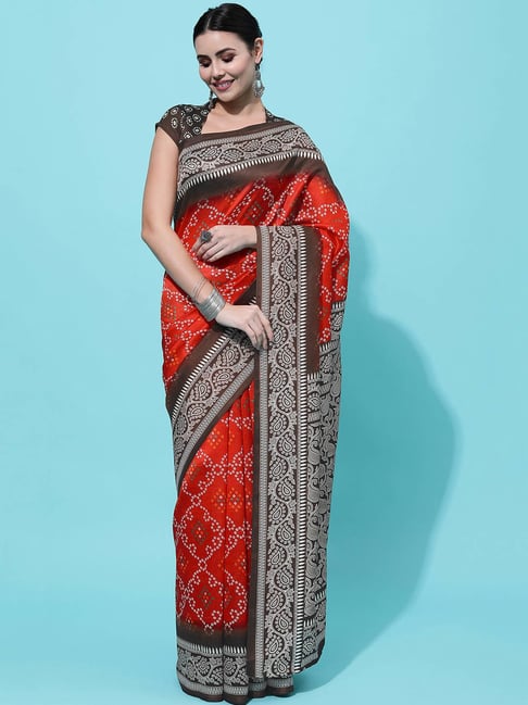 Satrani Red Printed Saree With Unstitched Blouse Price in India