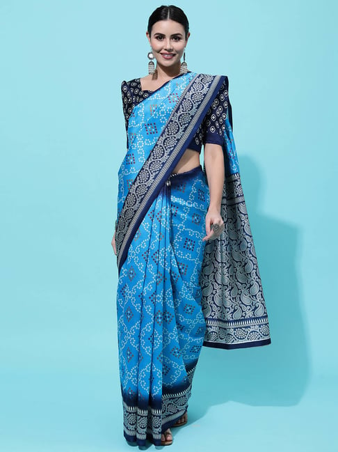 Satrani Blue Printed Saree With Unstitched Blouse Price in India