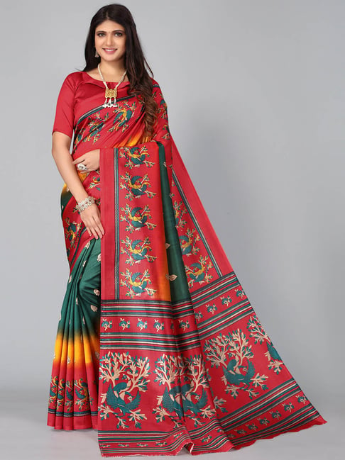 Satrani Green & Red Printed Saree With Unstitched Blouse Price in India