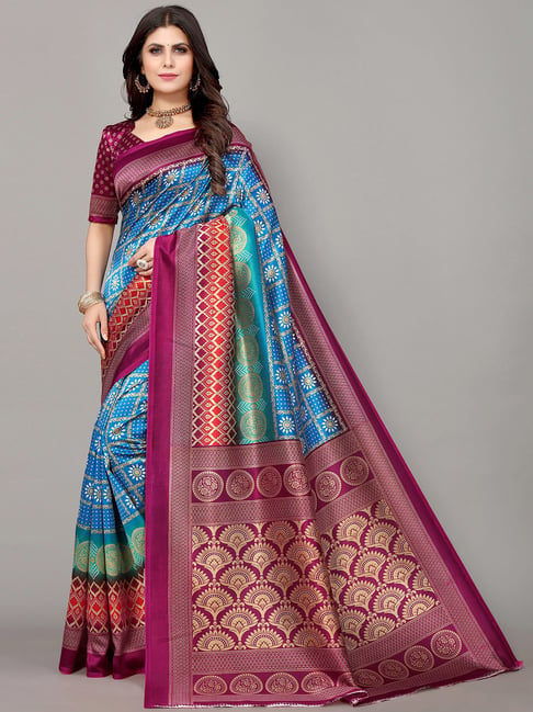 Satrani Blue Printed Saree With Unstitched Blouse Price in India