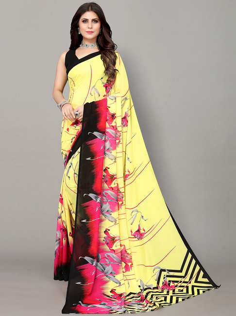 Satrani Yellow & Pink Floral Print Saree With Unstitched Blouse Price in India