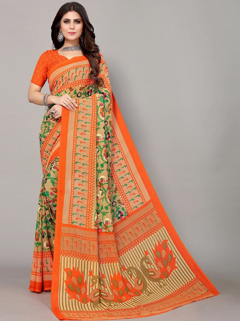 Satrani Beige & Orange Printed Saree With Unstitched Blouse Price in India