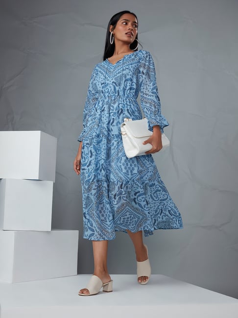 LOV by Westside Blue Paisley Printed Tiered Dress Price in India