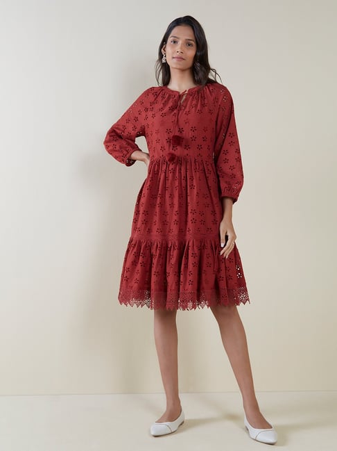 LOV by Westside Rust Schiffli Design Tiered Dress Price in India