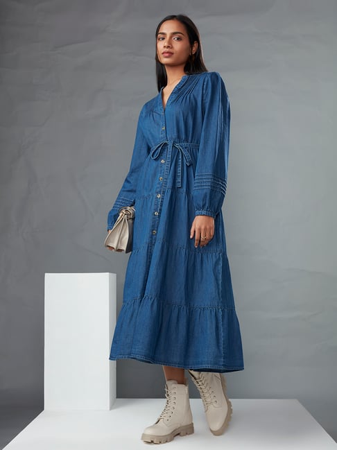 LOV by Westside Dark Blue Denim Tiered Dress With Belt Price in India