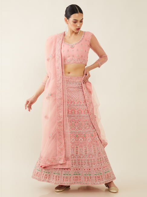 Soch Pink Embroidered Unstitched Lehenga Choli Set With Dupatta Price in India