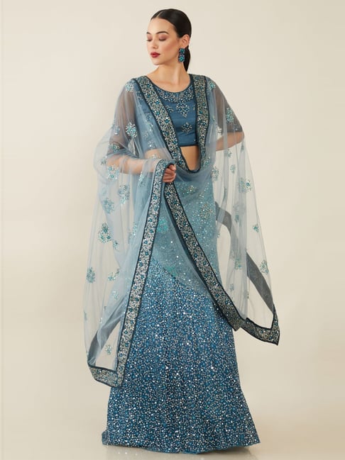 Soch Blue Embellished Unstitched Lehenga Choli Set With Dupatta Price in India