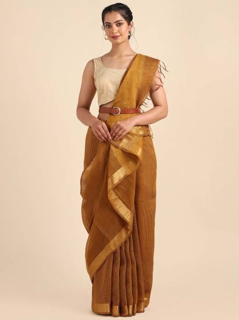 Taneira Brown Silk Striped Saree With Unstitched Blouse Price in India