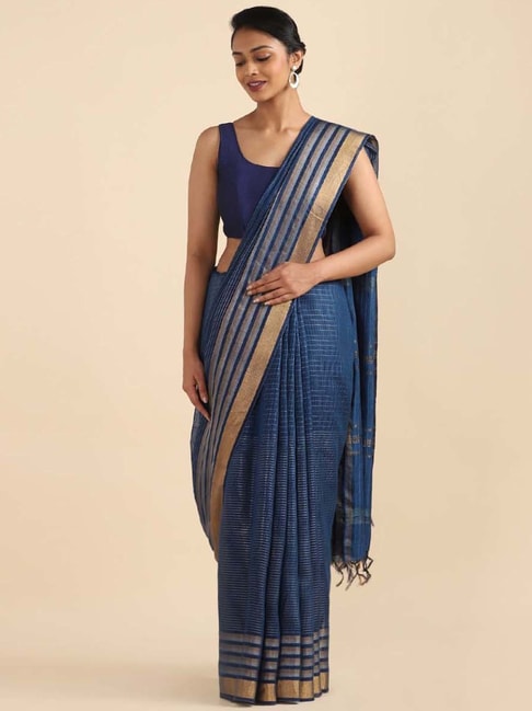 Taneira Navy Silk Woven Saree With Unstitched Blouse Price in India