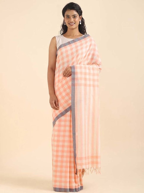 Taneira Orange Cotton Chequered Saree With Unstitched Blouse Price in India