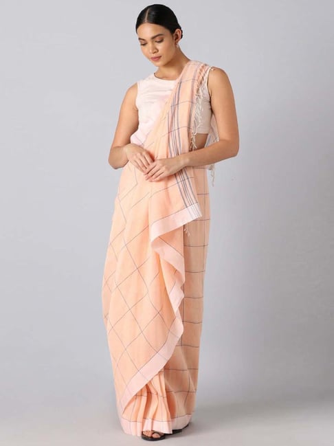 Taneira Peach Linen Chequered Saree Without Blouse Price in India