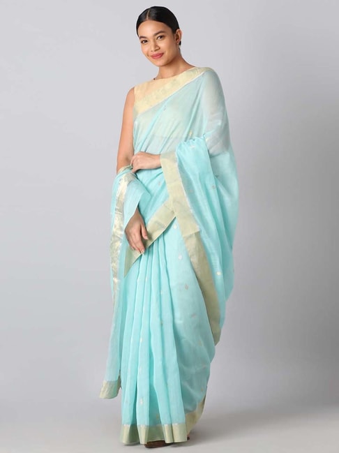 Taneira Blue Silk Woven Saree With Unstitched Blouse Price in India