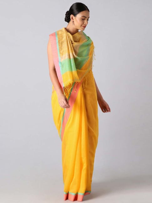 Taneira Yellow Silk Saree With Unstitched Blouse Price in India