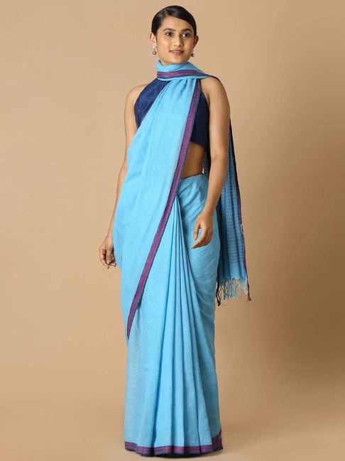 Taneira Blue Cotton Saree With Unstitched Blouse Price in India