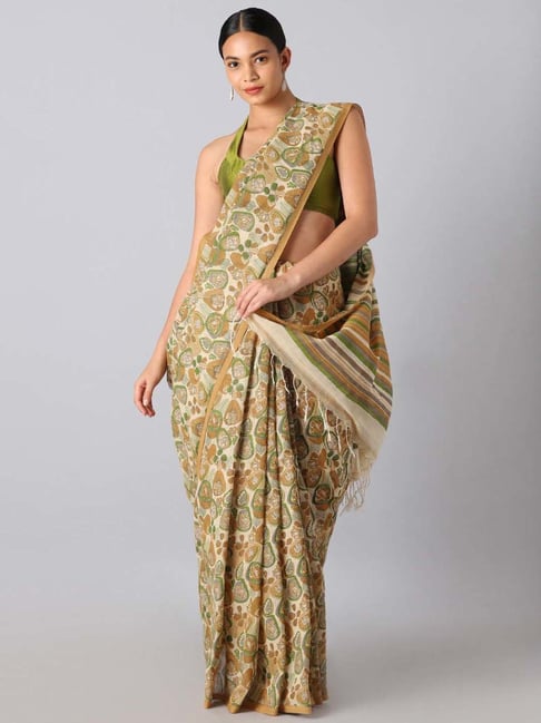 Taneira Beige Cotton Printed Saree With Unstitched Blouse Price in India