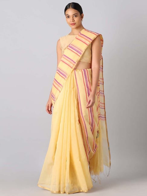 Taneira Yellow Silk Striped Saree With Unstitched Blouse Price in India