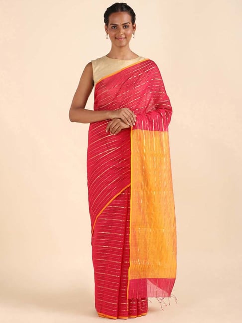 Taneira Pink Silk Striped Saree With Unstitched Blouse Price in India