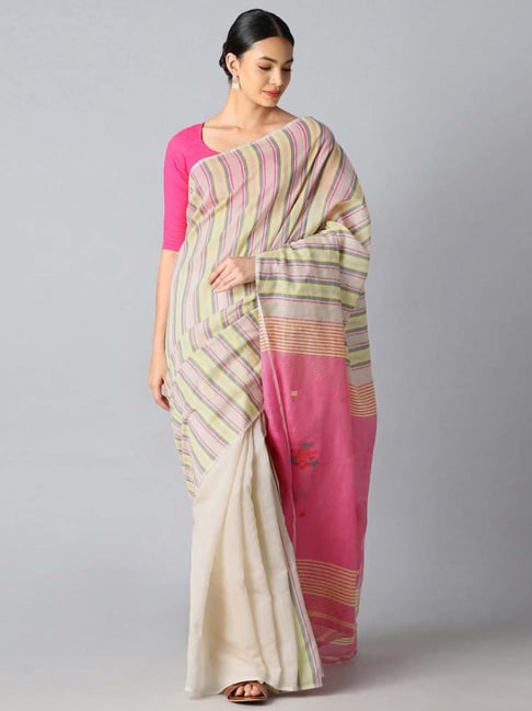 Taneira White & Pink Silk Striped Saree With Unstitched Blouse Price in India