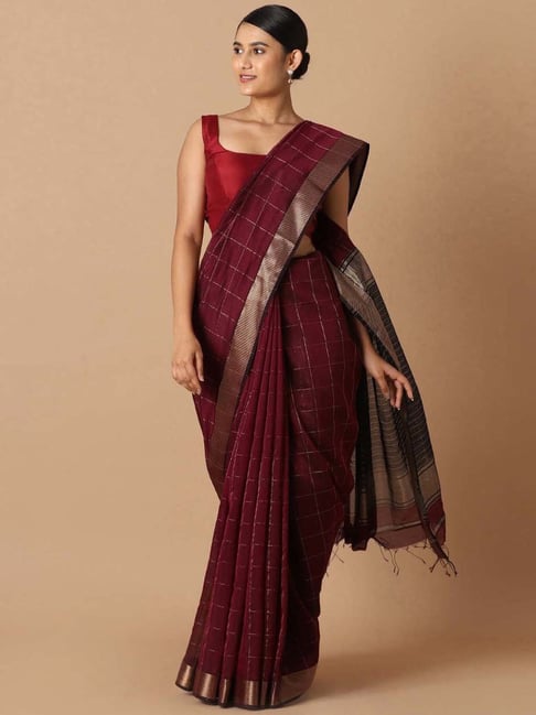 Taneira Maroon Silk Chequered Saree With Unstitched Blouse Price in India