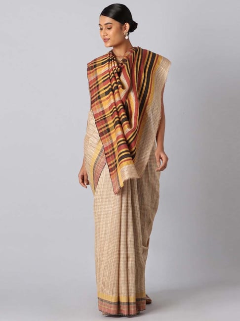 Taneira Brown Striped Saree With Unstitched Blouse Price in India