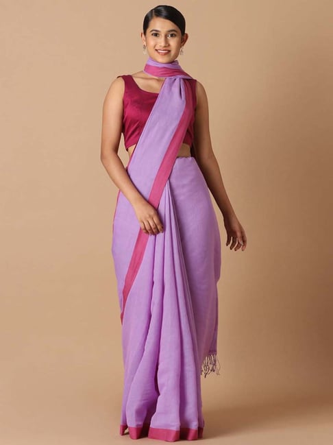 Taneira Violet Cotton Saree With Unstitched Blouse Price in India