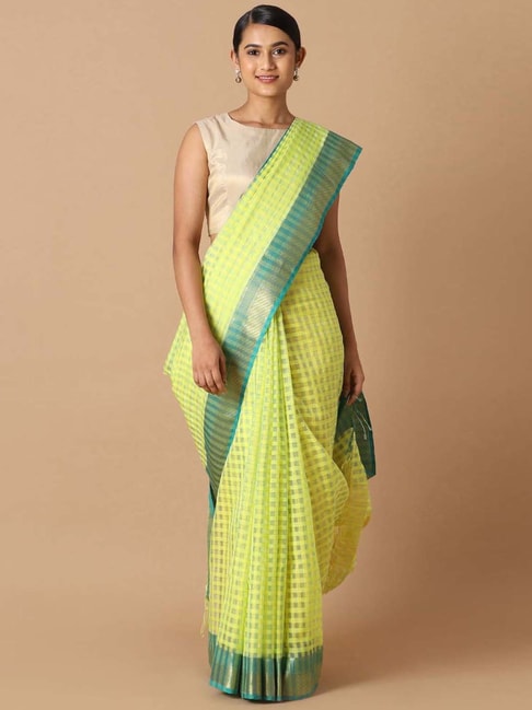 Taneira Yellow Silk Chequered Saree With Unstitched Blouse Price in India