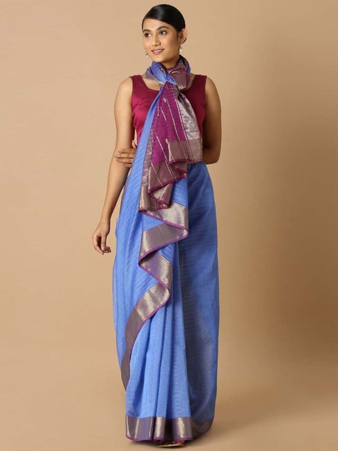 Taneira Blue Silk Striped Saree With Unstitched Blouse Price in India