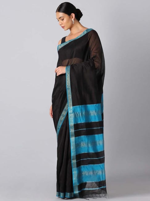 Taneira Black Silk Woven Saree With Unstitched Blouse Price in India