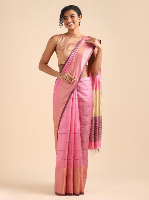 Taneira Pink Striped Saree With Unstitched Blouse Price in India