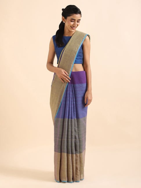 Taneira Blue Cotton Striped Saree Without Blouse Price in India