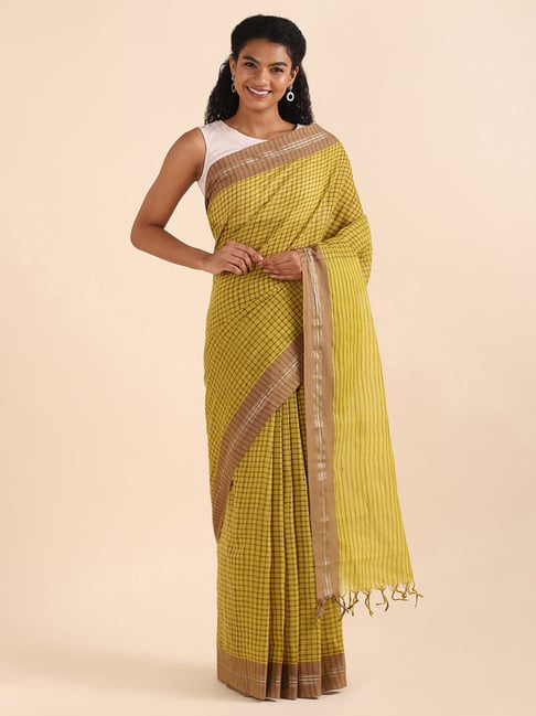 Taneira Green Cotton Chequered Saree With Unstitched Blouse Price in India