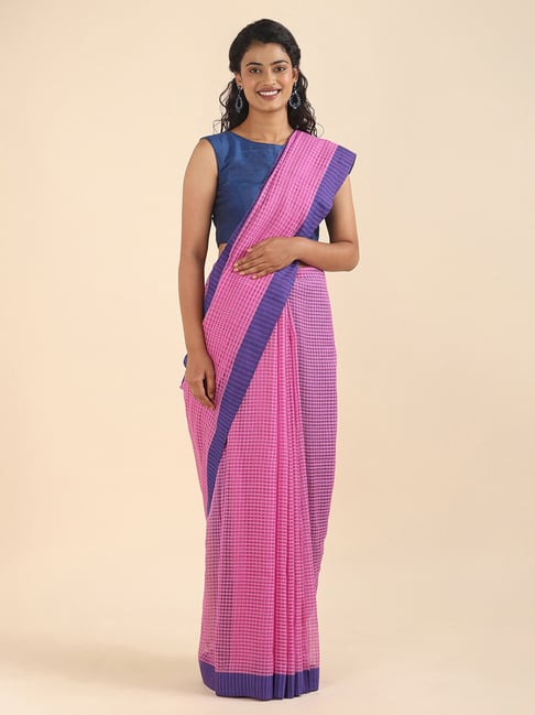 Taneira Pink Cotton Striped Saree With Unstitched Blouse Price in India