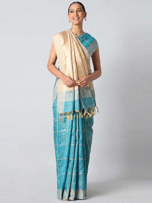 Taneira Blue Chequered Saree With Unstitched Blouse Price in India